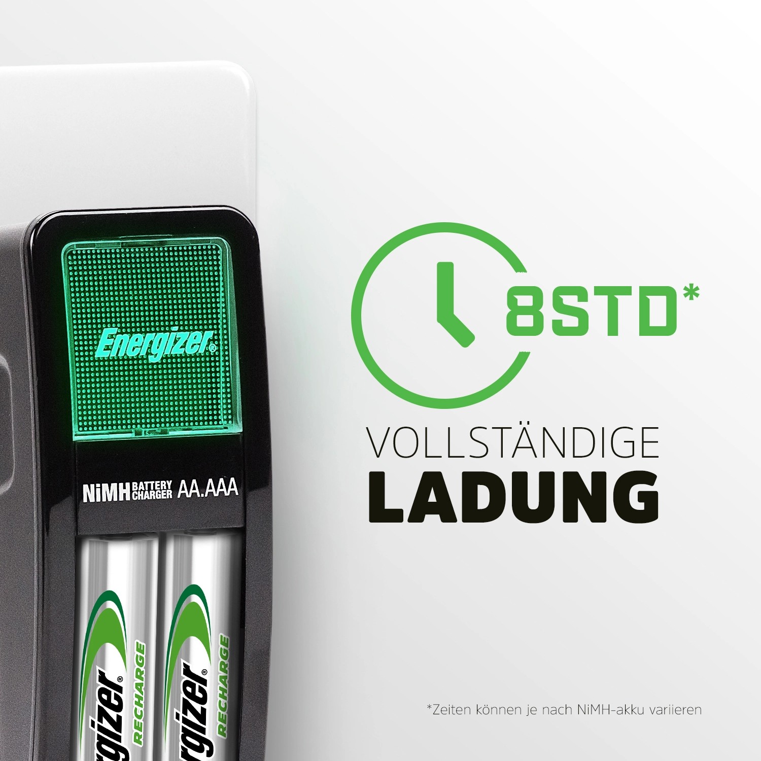 Energizer Mini Ladegerät mit 2 AA Akkus. Akku-Ladegerät mit grüner LED-Anzeige.