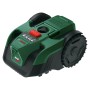 Bosch VISIMOW18V-100 Mähroboter mit Akku und Ladegerät, grün und schwarz.