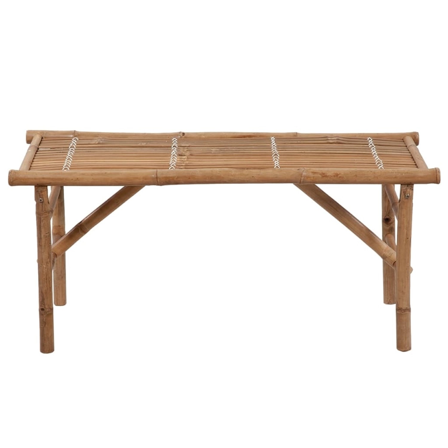 Klappbare Gartenbank aus Bambus, 118 cm breit, mit blauer Auflage. Ideal für Garten, Terrasse oder Veranda.