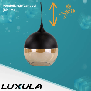 Moderne LUXULA Pendelleuchte, Kugel Design, schwarz/bernsteinfarbenes Glas, variable Kabellänge.