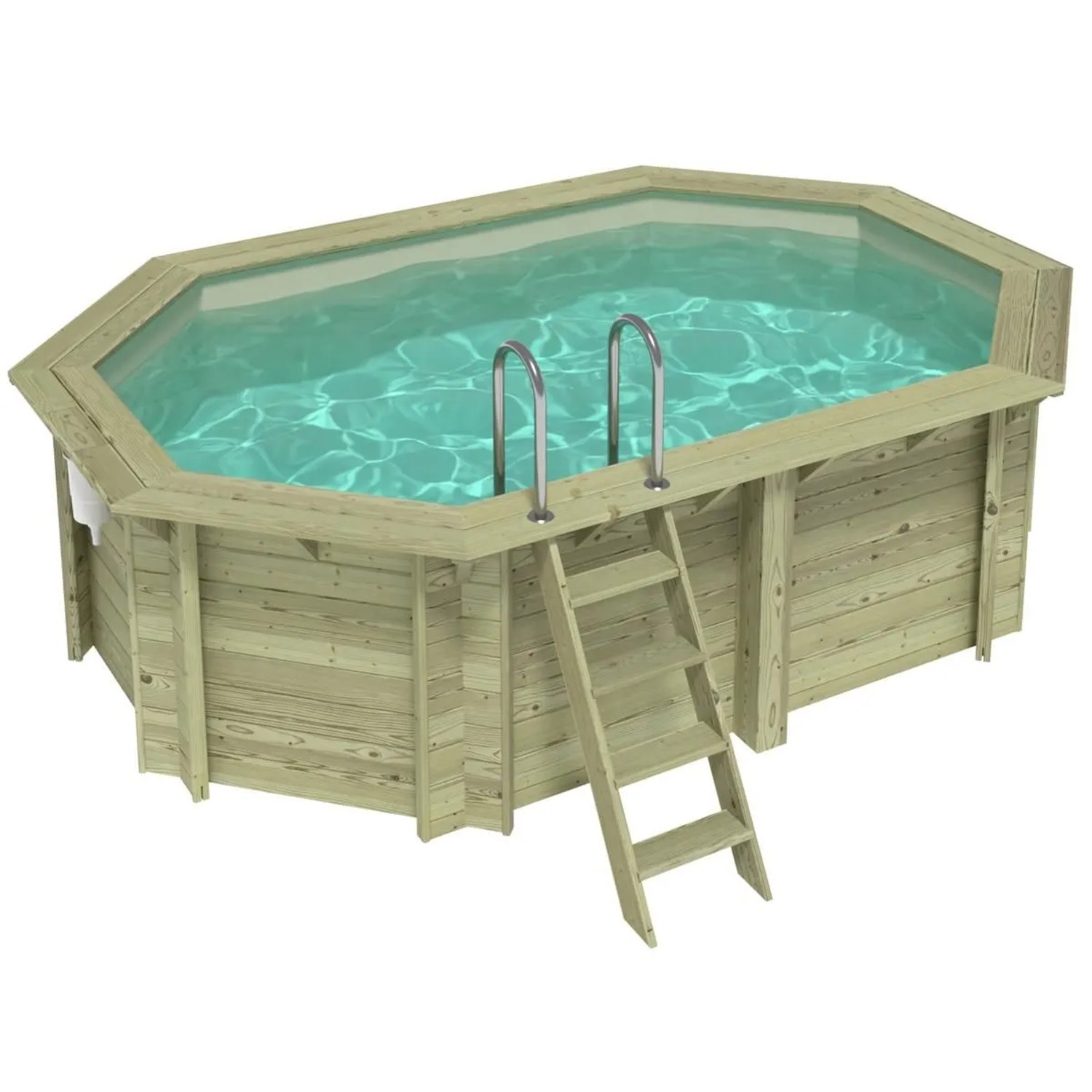 Sandfarbener ALTANKA Holzpool Nemo 4,3x3 m mit Leiter. Gartenpool aus Holz ohne Betonierung.