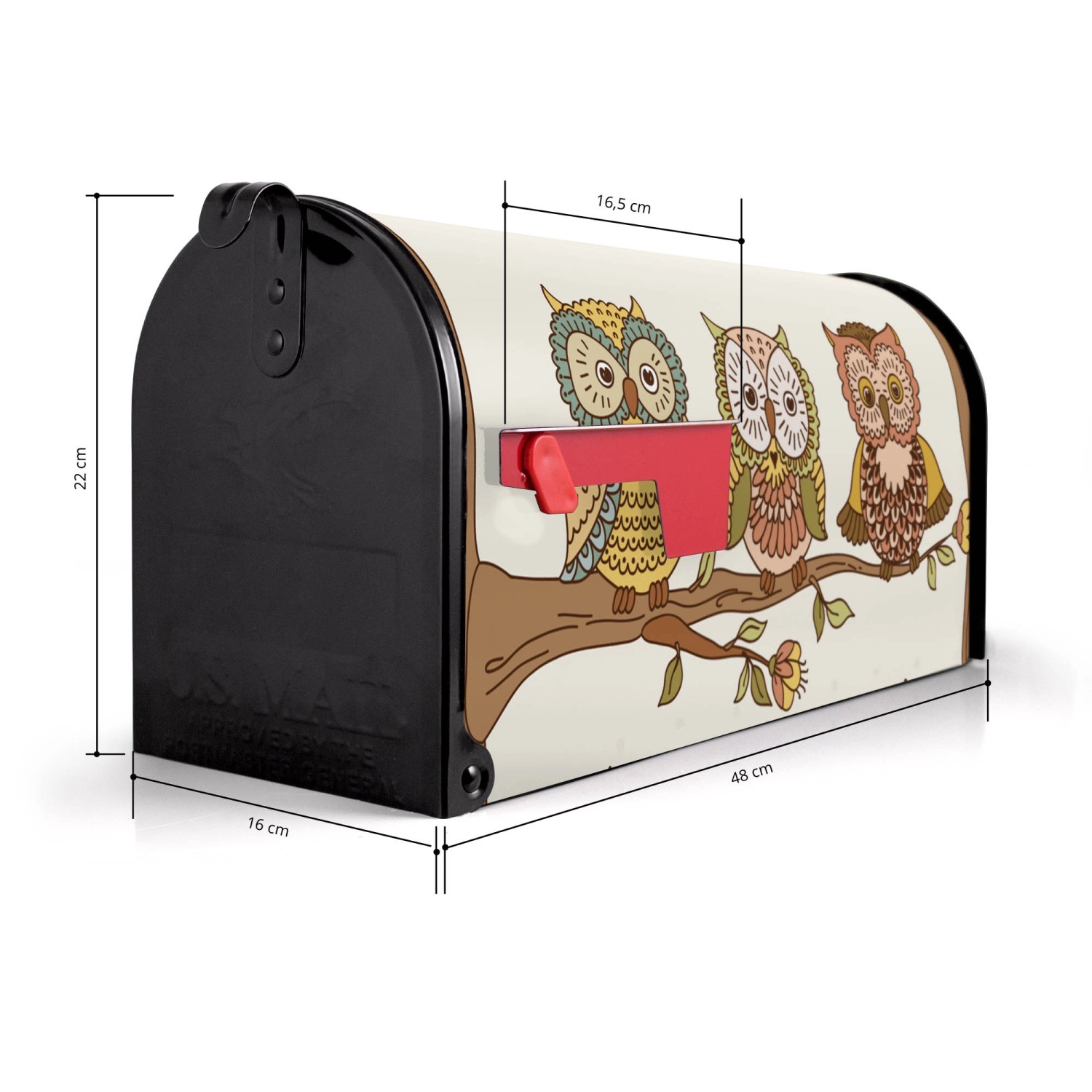 Schwarzer Banjado US Briefkasten mit Eulendesign, 48x22x16cm, aus pulverbeschichtetem Stahl.