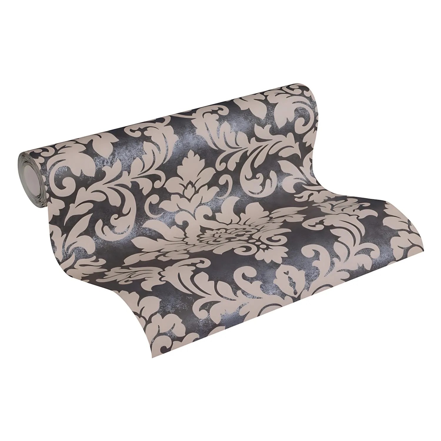 Barock Tapete in Schwarz, Silber und Beige mit Glitzer-Effekt. Dekorative Vliestapete von Profhome.