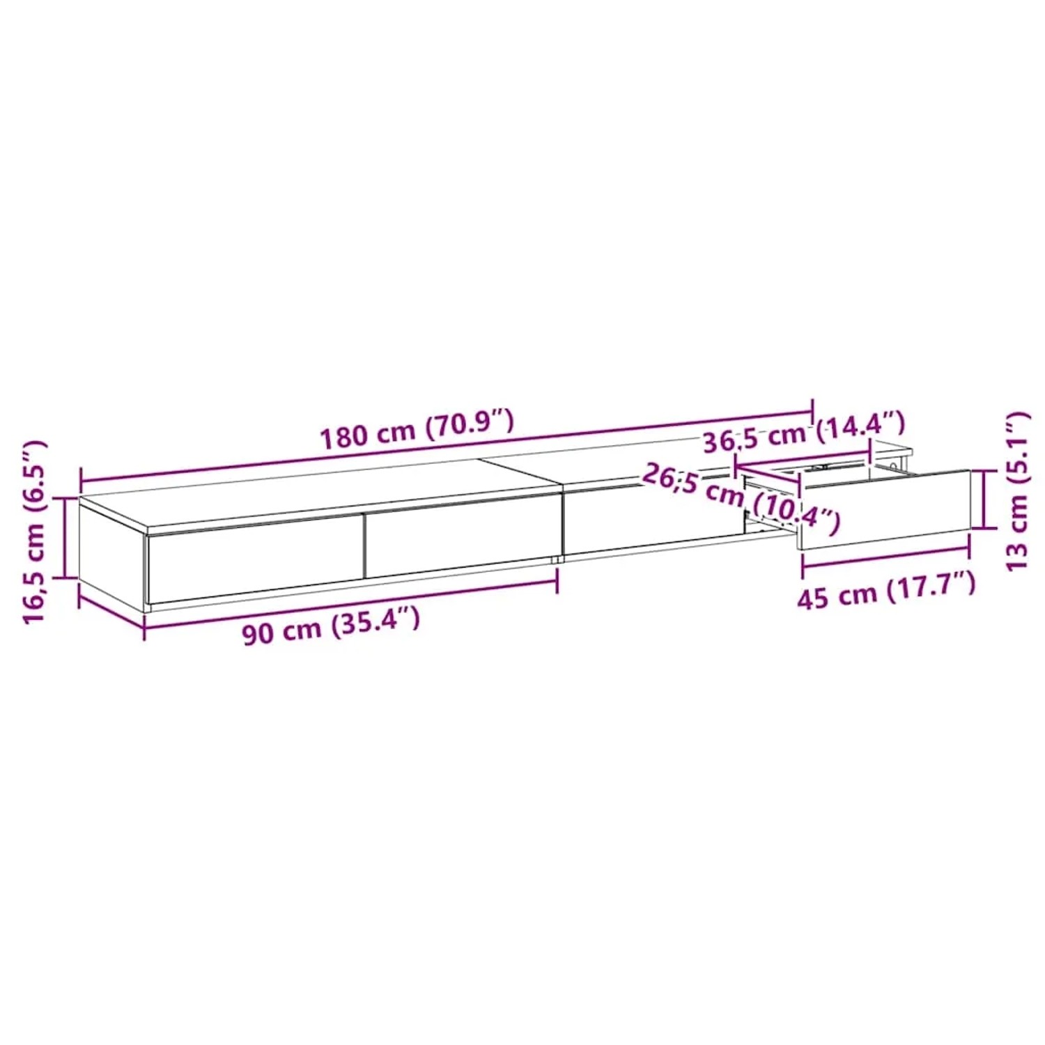 Technische Zeichnung der betongrauen vidaXL Bettschubladen/Nachttisch aus Holzwerkstoff mit 3 Schubladen und Maßen.