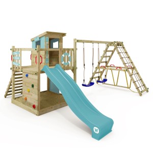 Wickey Spielturm Smart Surf mit Rutsche, Schaukel und Kletterwand in Pastellblau.