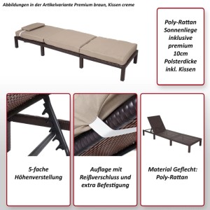 Braune Poly-Rattan Sonnenliege mit cremefarbenem Kissen. Funktionen: 5-fach höhenverstellbar, Kissen mit Reißverschluss.