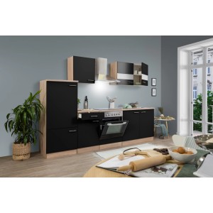 Respekta Küchenzeile KB270ESSC, 270 cm, Schwarz und Eiche Sägerau Nachbildung. Moderne Einbauküche mit Elektrogeräten.