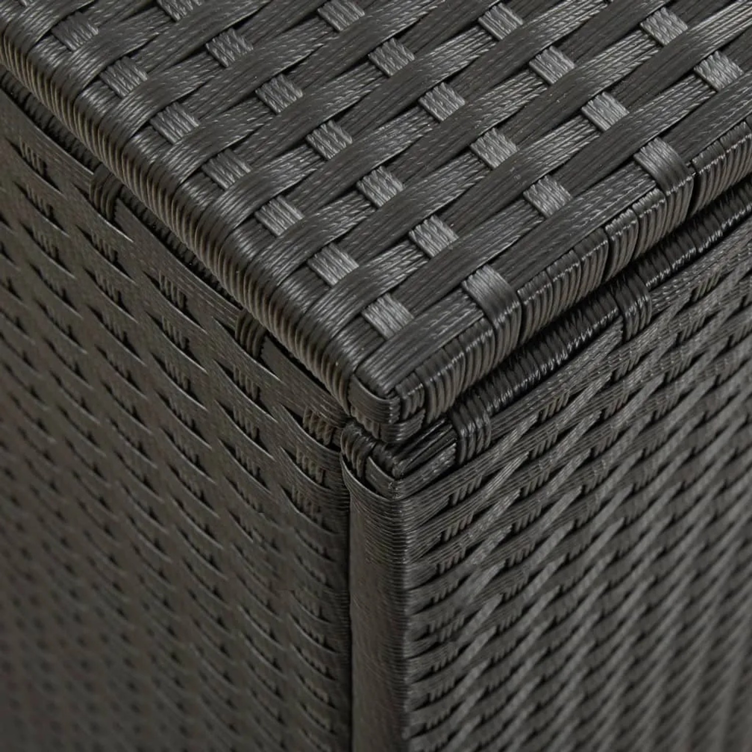 Detailaufnahme: Schwarze VidaXL Gartenbox aus Poly Rattan, Universalbox für Gartenmöbel.