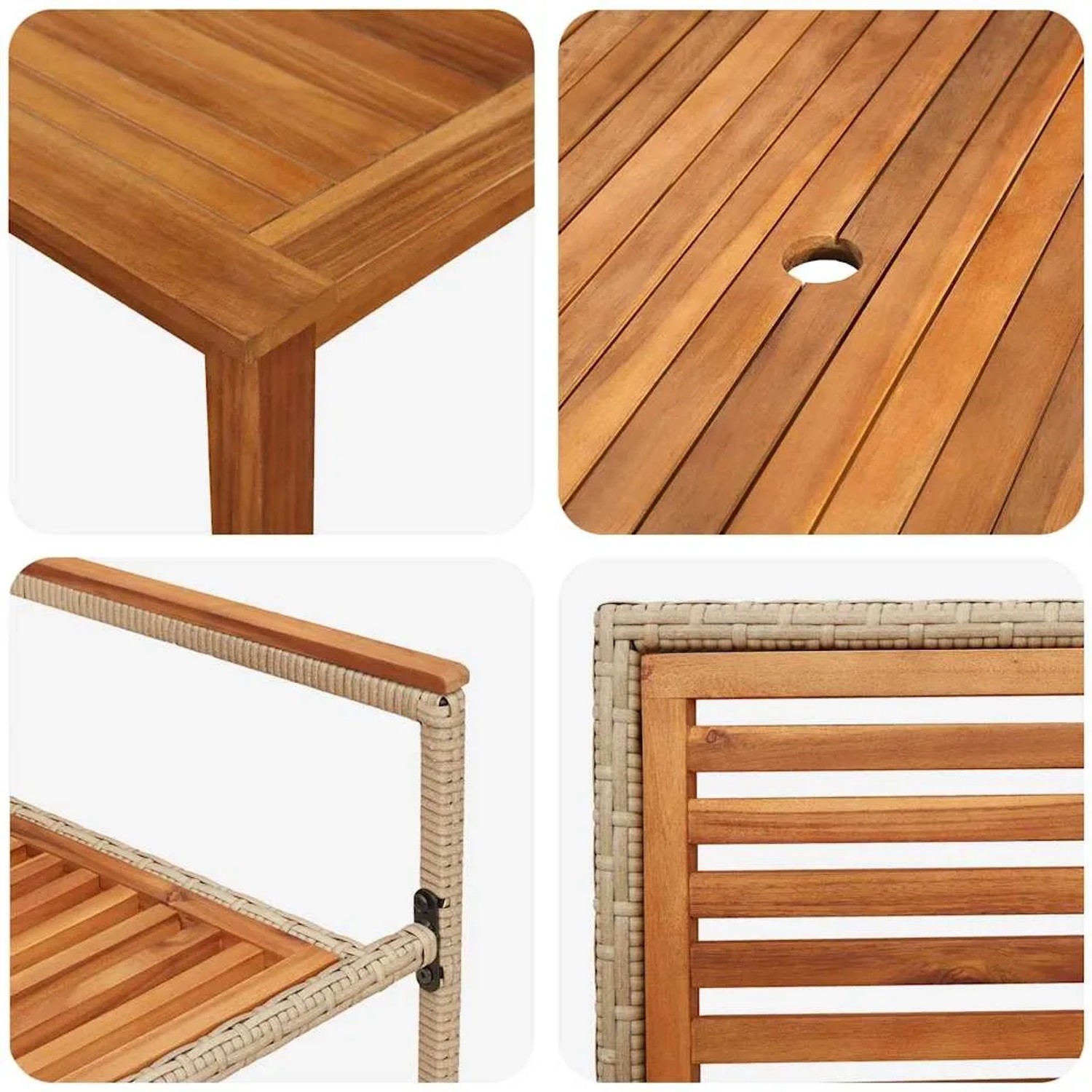 Detailansicht: vidaXL Garten Essgruppe, 7-tlg., beige Poly Rattan, Tischplatte und Stuhl Details.
