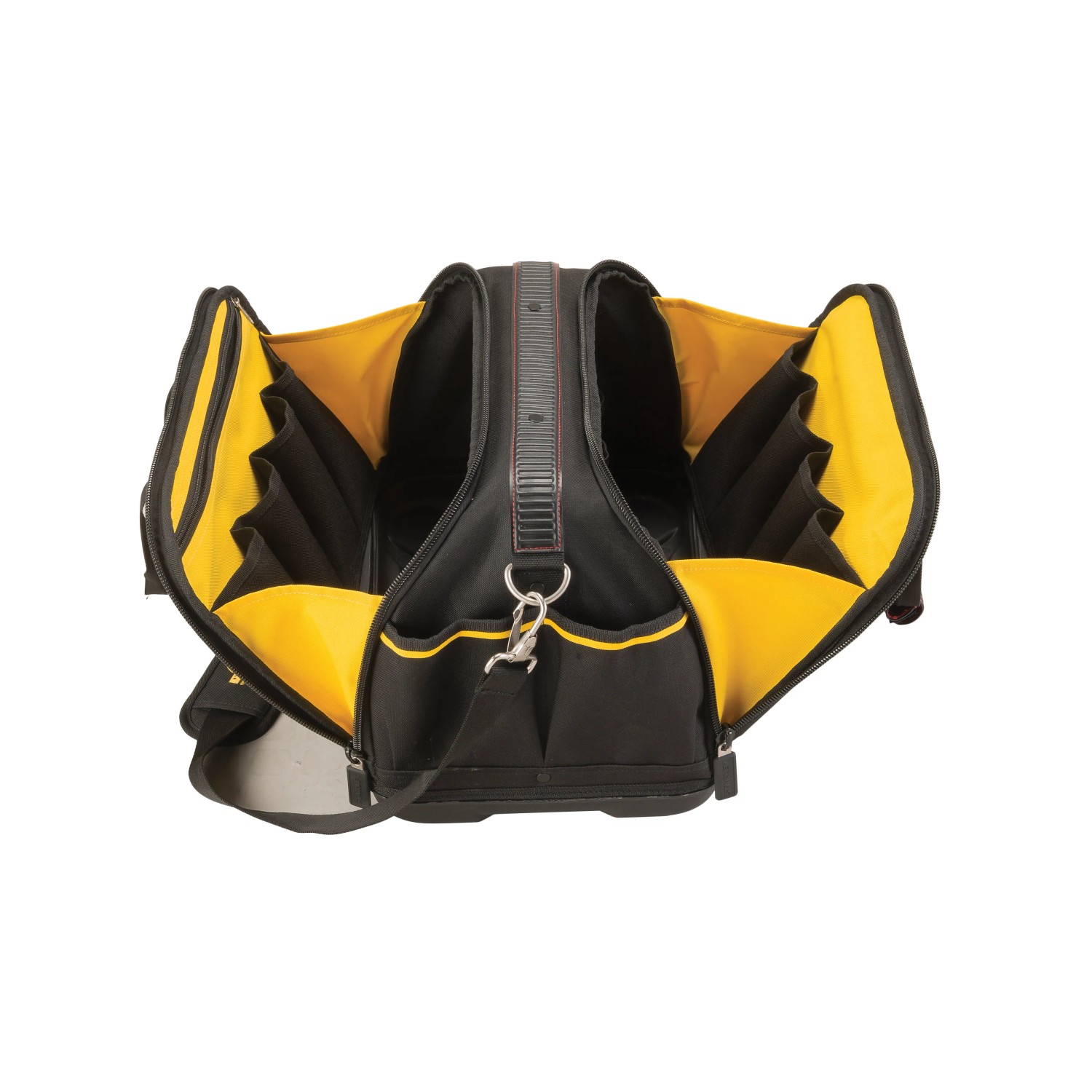 Offene Stanley FatMax Werkzeugtasche FMST1-73607 mit Fächern und Tragegurt.