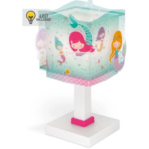 Dalber LED Tischlampe mit Meerjungfrauen-Motiv, transparentem Doppelschirm in Malve und weißem Standfuß für Kinder.