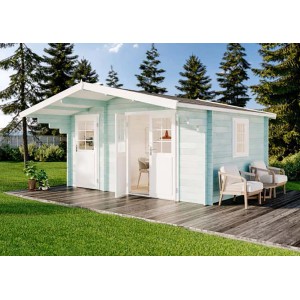 Alpholz Gartenhaus Brüssel ISO mit Solaranlage, hellblau, mit Terrasse und Gartenmöbeln.