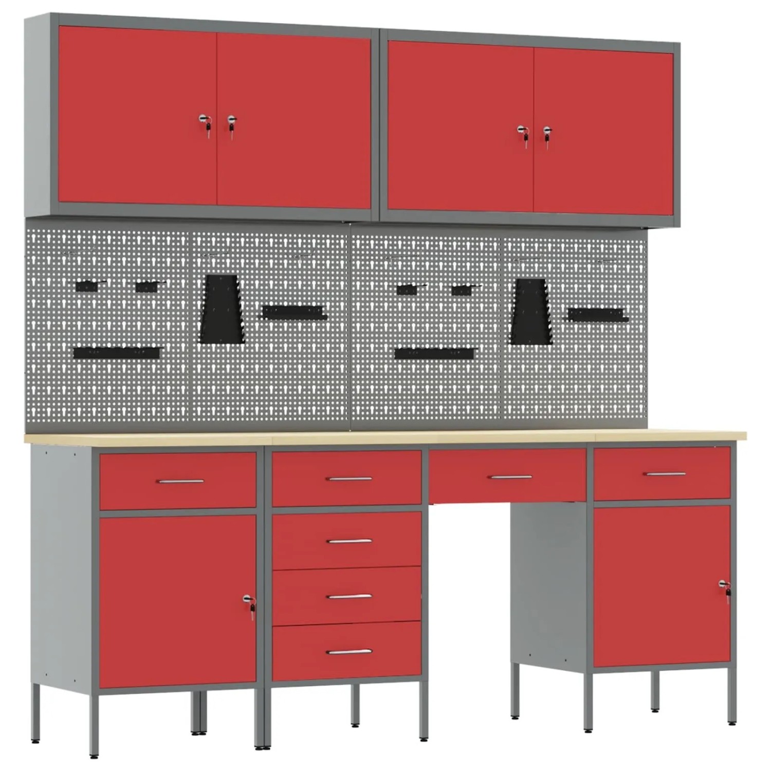 vidaXL Werkbank mit Schubladen 10-Tlg Rot Ingenieure Holz und Stahl 3321477