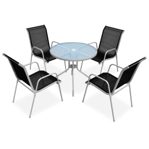 vidaXL Garten-Essgruppe, 5-teilig, Stahl, Schwarz, mit Glas-Tisch und 4 Textilene-Stühlen.