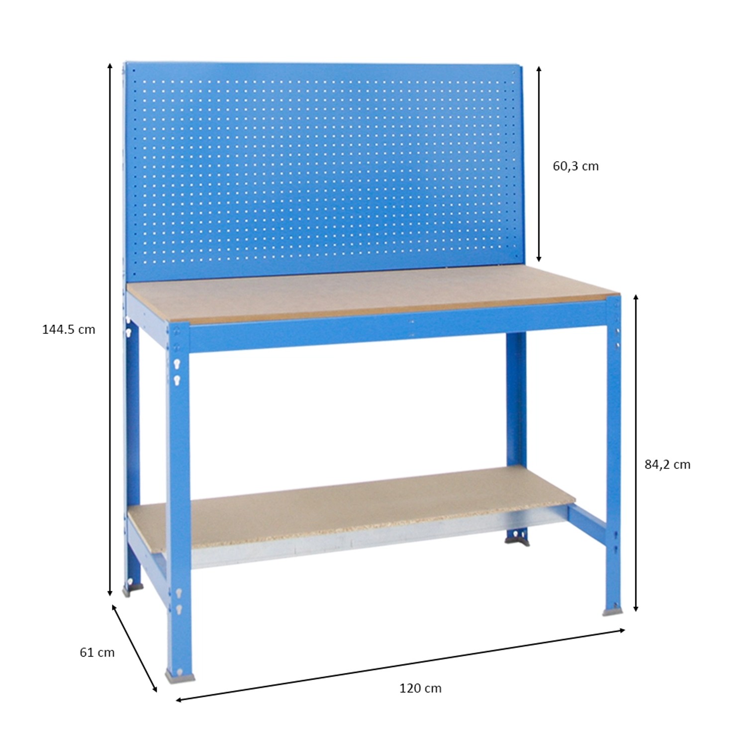 Blaue PROREGAL Werkbank mit Werkzeugwand und Ablage, 120x61 cm, ideal für Werkstatt und Garage.