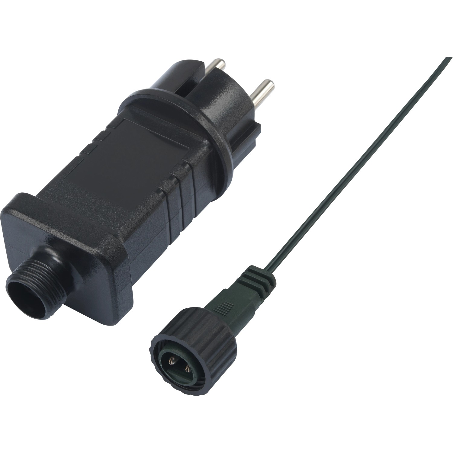 Netzteil und Stecker für LED-Büschellichterkette mit schwarzem Kabel.