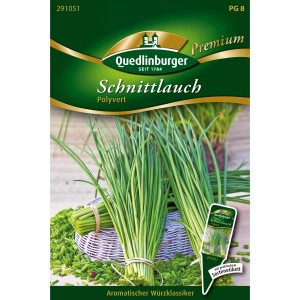 Quedlinburger Schnittlauch Polyvert Saatgut: Packung mit frischem, grünen Schnittlauch.
