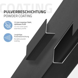 Detailansicht schwarzer, pulverbeschichteter Metall-Tischbeine. Zeigt 1,5 mm Stahlprofil und langlebige Oberfläche.