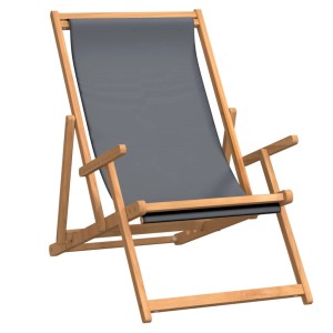 Klappbarer, grauer vidaXL Strandstuhl aus Teakholz für Garten, Strand oder Camping.