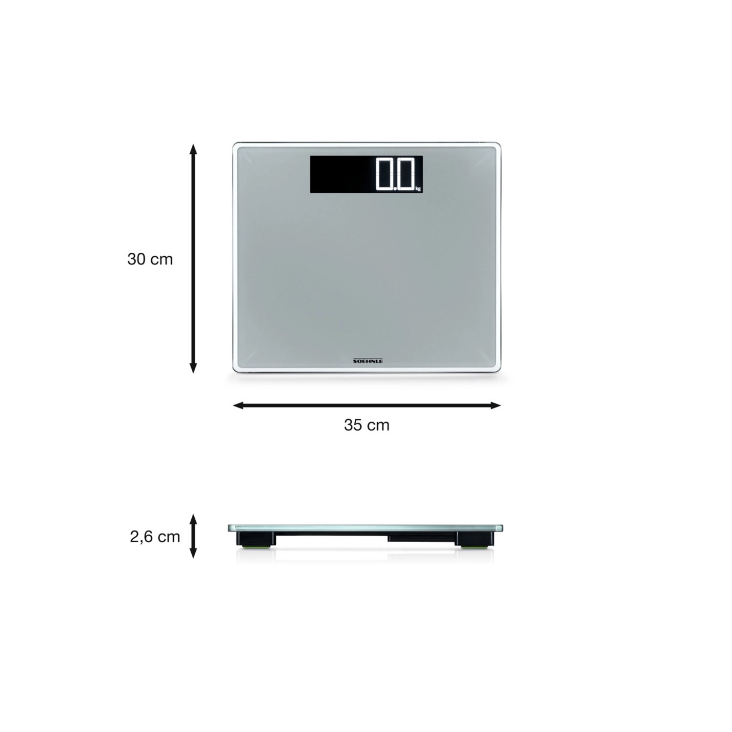 Leifheit Personenwaage Digital Style Sense Comfort 600, silbergrau, mit Maßangaben.