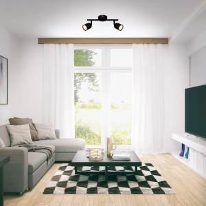 Moderne, schwarze Brilo Deckenleuchte Tabo mit 2 schwenkbaren Spots im Wohnzimmer.