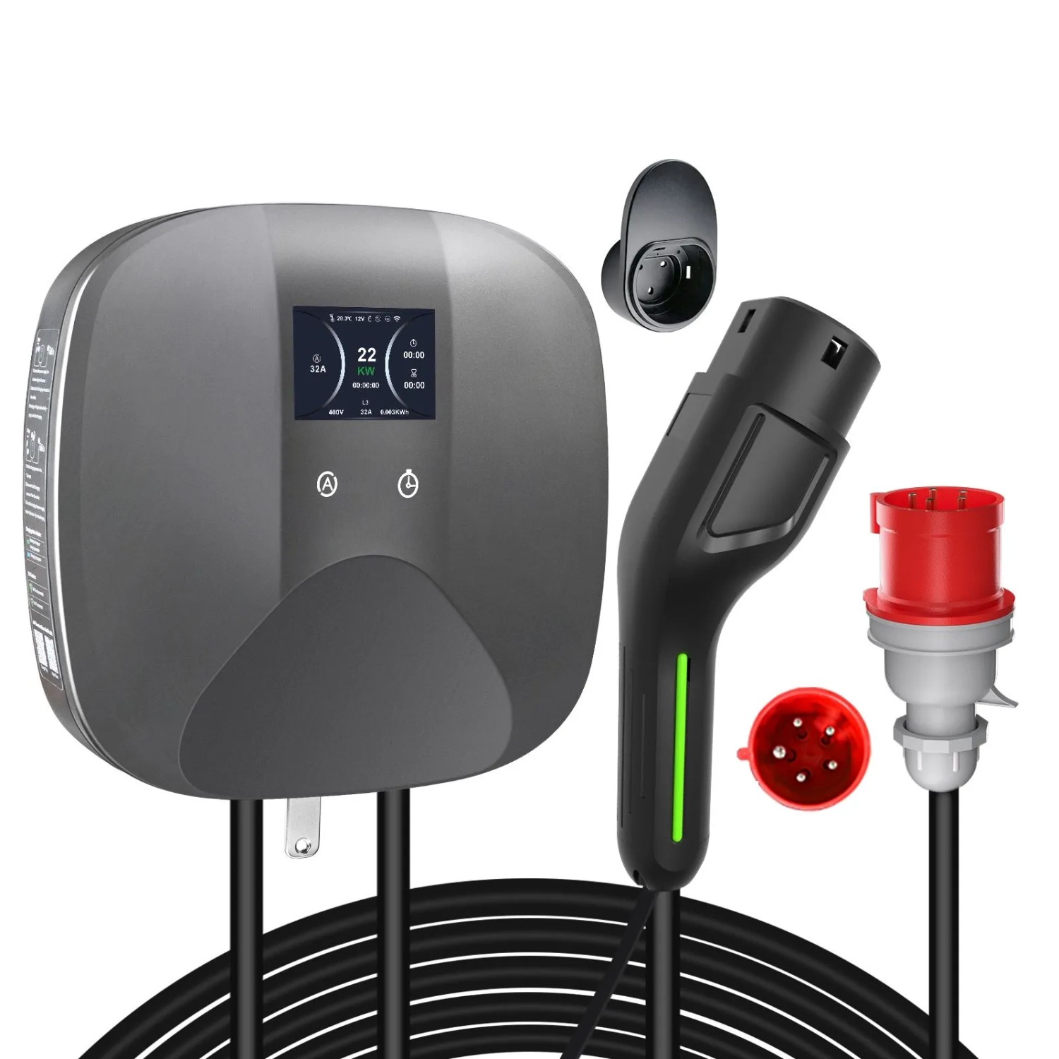 Junsun Wallbox EV-Ladegerät 22Kw 6-32A 6M Typ2 Stecker Dreiphasig IP67 App-Steuerung LCD Display