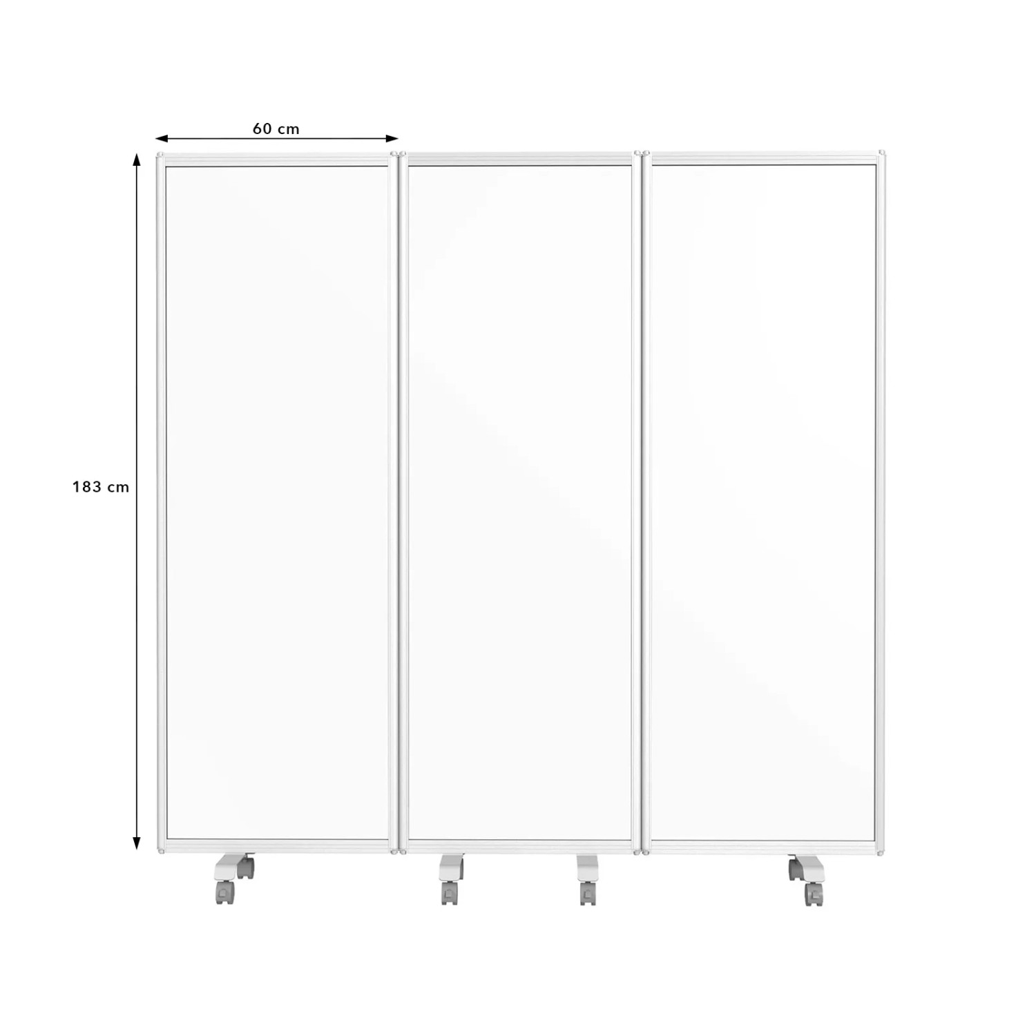 KARAT Mobile Trennwand, 180x180 cm, mit 3 beschreibbaren, magnetischen Whiteboard-Tafeln auf Rollen.