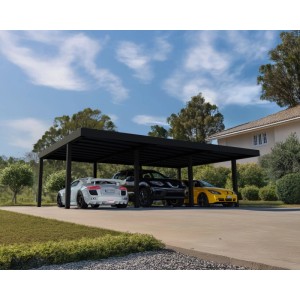 Canopia Carport Oslo, 901x596 cm, Alu schwarz, Paneele grau, für 3 Fahrzeuge.