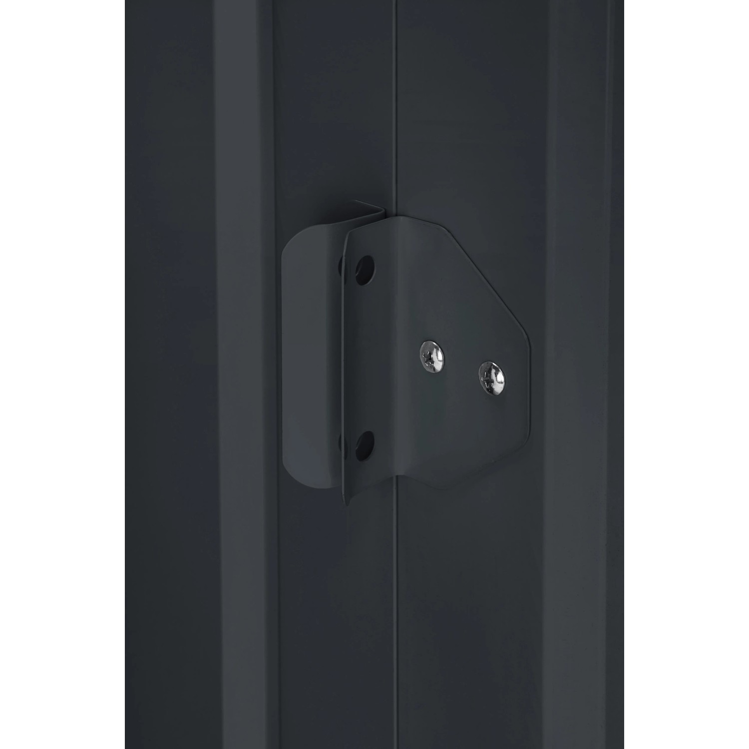 Detailaufnahme: Anthrazitfarbenes Metall-Gerätehaus, Türscharnier mit Schrauben.