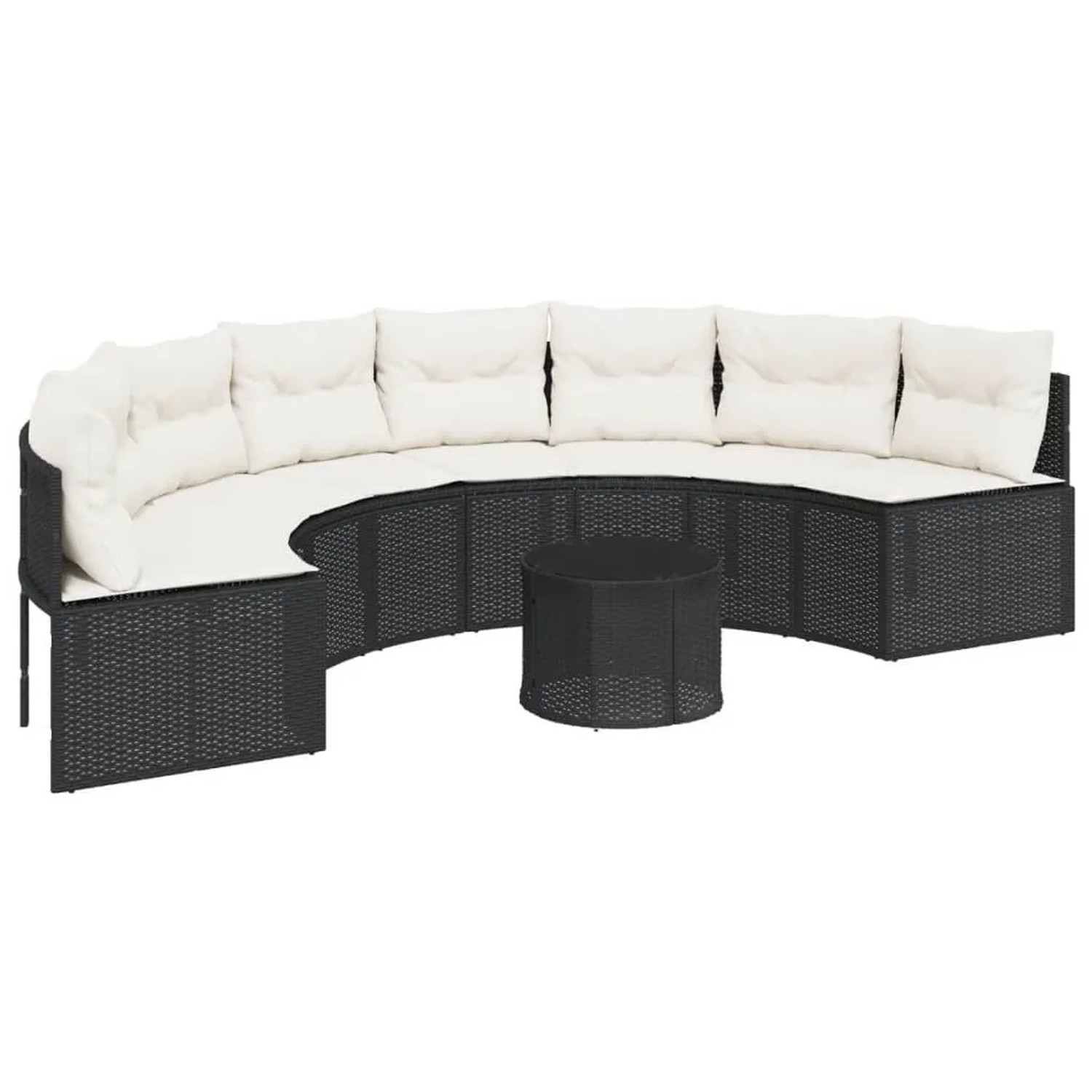 vidaXL Gartensofa mit Tisch und Kissen Halbrund Schwarz Poly-Rattan 3318517