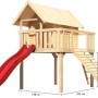 Karibu Stelzenhaus Fidel Set mit roter Rutsche und Holzrampe aus naturbelassenem Holz.