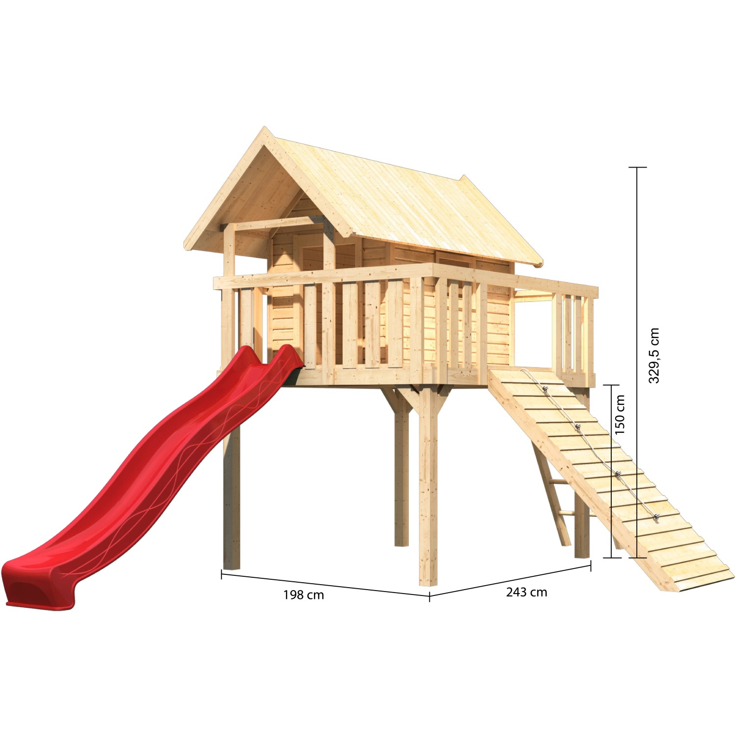 Karibu Stelzenhaus Fidel Set mit roter Rutsche und Holzrampe aus naturbelassenem Holz.