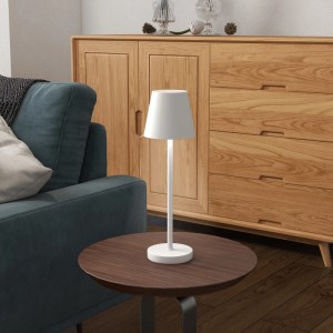 Weiße, aufladbare HOMCOM Tischlampe mit Touch-Schalter und 3 Lichtfarben auf einem Tisch.