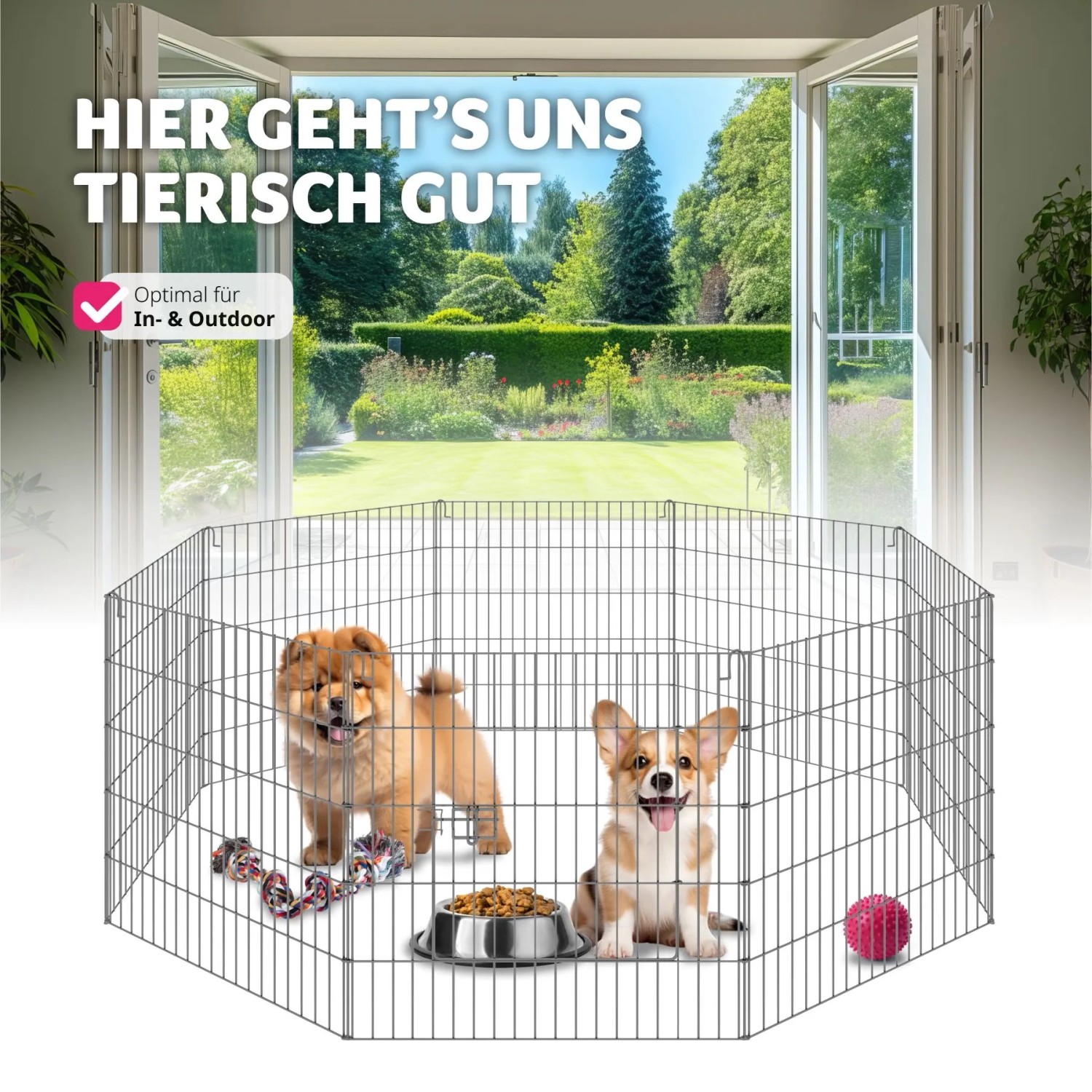 Schwarzes Tectake Freilaufgehege Hopper mit zwei Hunden, Spielzeug und Futternapf.