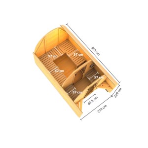 Innenansicht der Karibu Fasssauna Fasshaus 3 aus naturbelassenem Holz mit Bänken, Vorraum und Maßen. Saunahaus.
