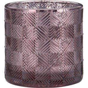 Lila Teelichthalter Midnight Mystery aus Glas mit geometrischem Muster, 10 cm hoch.