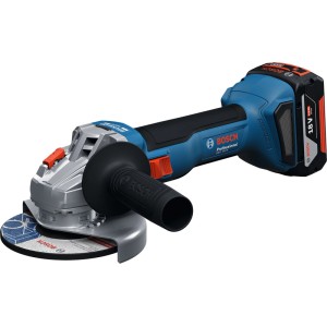 Blauer Bosch Professional Akku-Winkelschleifer GWS 18V-8 mit 18V Akku und Trennscheibe. Kompaktes Akkugerät.
