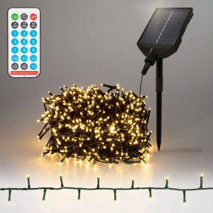 Solar Lichterkette mit 560 LEDs, warmweiß, mit Solarpanel, Fernbedienung und Erdspieß.