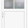 Weiße Kunststoff-Nebeneingangstür mit Fenster und Linksanschlag, 98x198 cm.