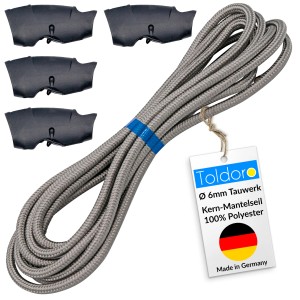 Graues Toldoro Tauwerk, 6mm, 5m mit 4 Seilklemmen für Sonnensegel & Flaggen.