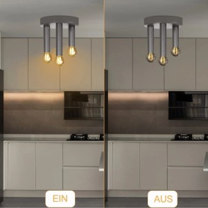 Graue NETTLIFE Deckenleuchte aus Metall mit 3 E14-Lampen in Küche. Links leuchtend, rechts ausgeschaltet. Retro-Industrie-Stil.