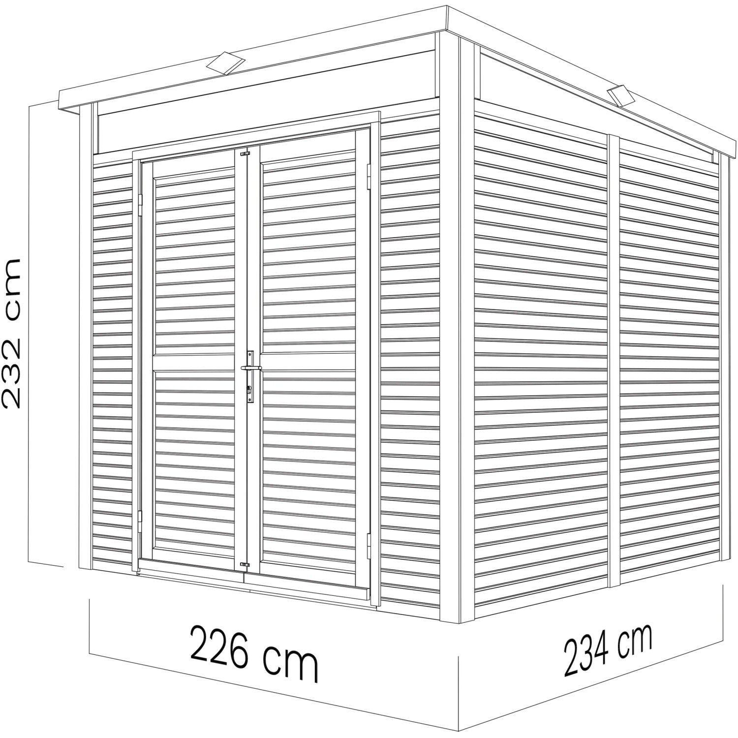 Anthrazitfarbenes Bertilo Gartenhaus Woodline Pent, 234x226 cm, aus Holz mit Doppeltür.