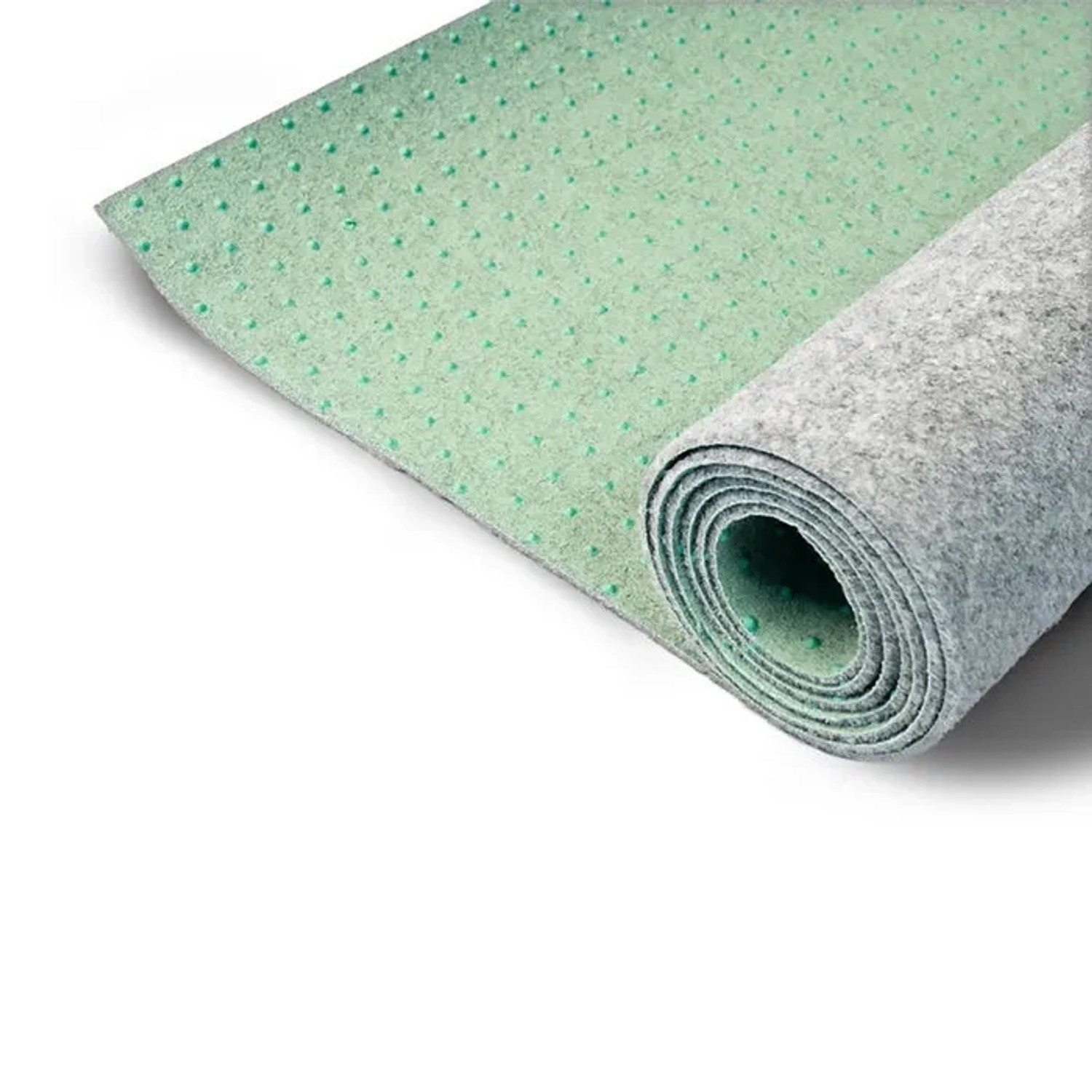 Grauer Karat Rasenteppich Farbwunder PRO als Rollenware mit grünen Noppen auf der Unterseite.