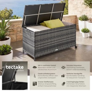 Tectake Auflagenbox Kuusamo, 253 L, Rattangeflecht, mit Rollen und Gasdruckfeder.