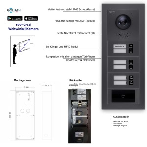 Goliath IP Video Türsprechanlage für 6 Familien in Anthrazit mit RFID und App Steuerung.