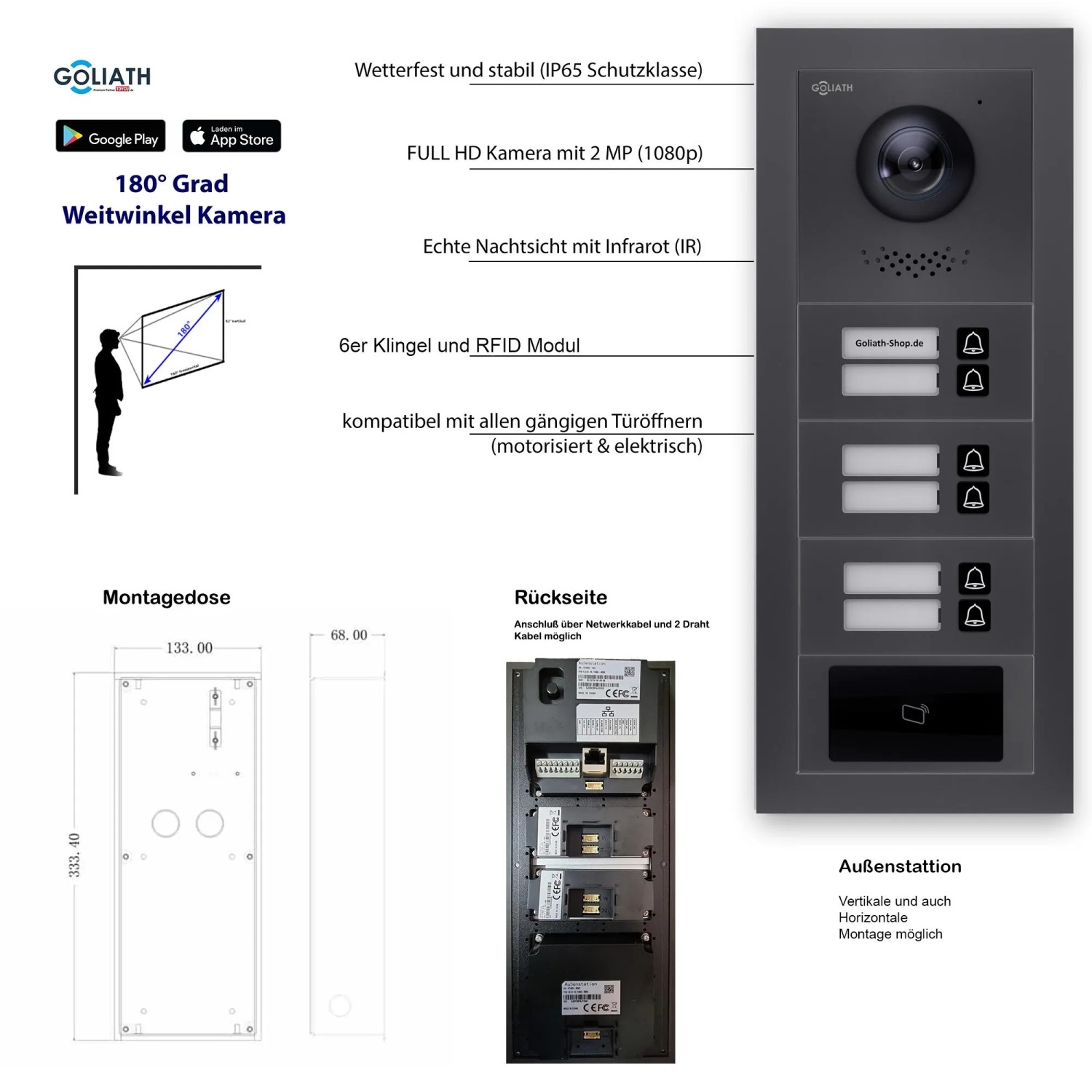 Goliath IP Video Türsprechanlage für 6 Familien in Anthrazit mit RFID und App Steuerung.