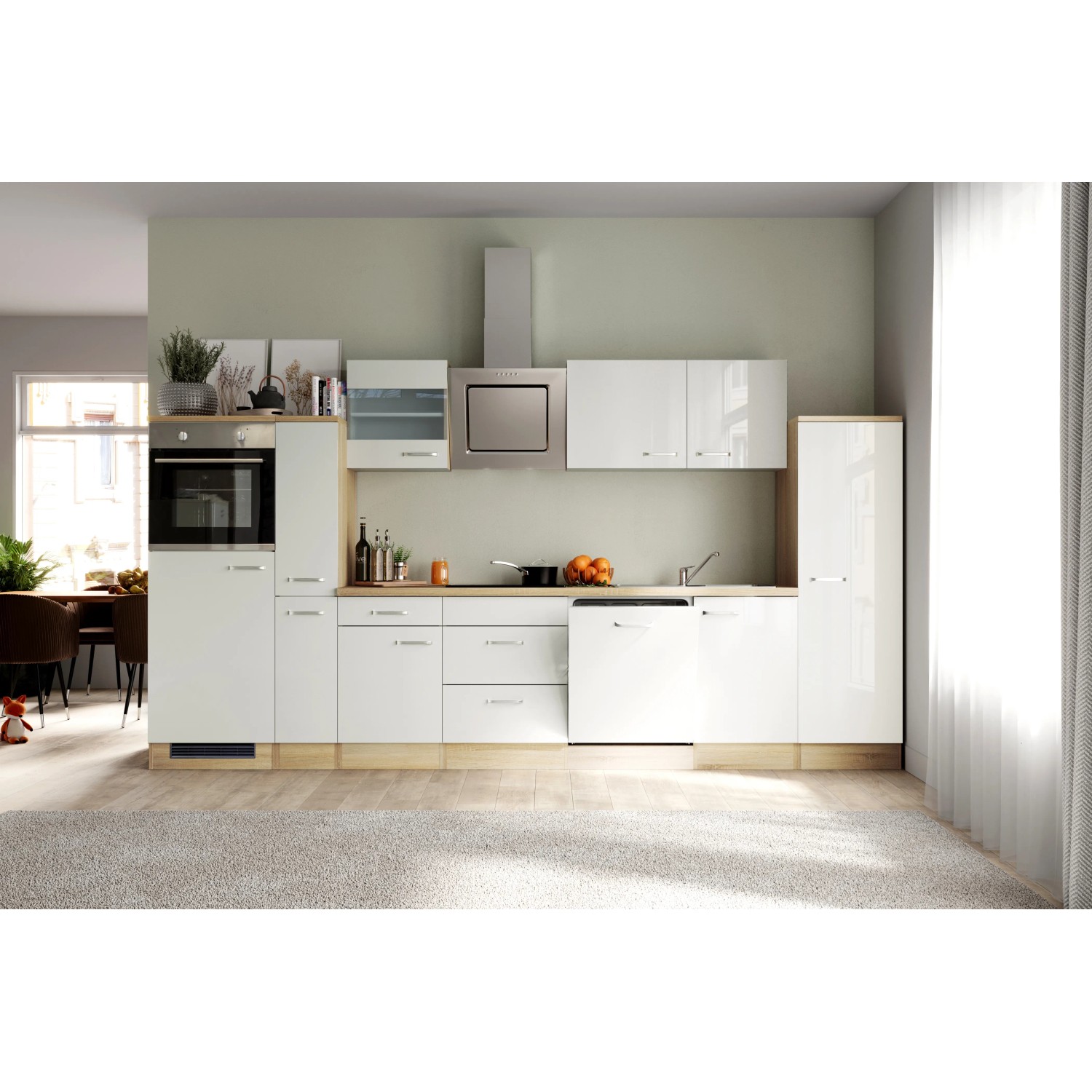 Moderne OBI Küchenzeile Valero, 360 cm, Hochglanz Weiß mit Sonoma Eiche Arbeitsplatte und Elektrogeräten.