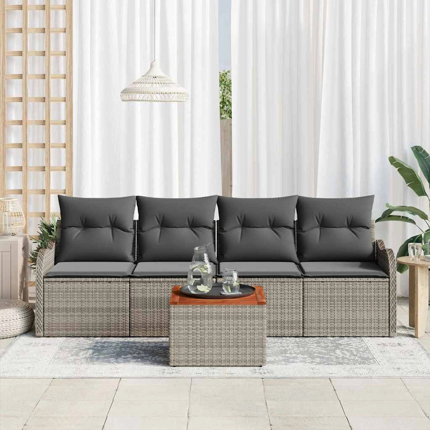 Graues 5-tlg. vidaXL Garten-Sofa-Set aus Poly Rattan mit Tisch und Stauraum.