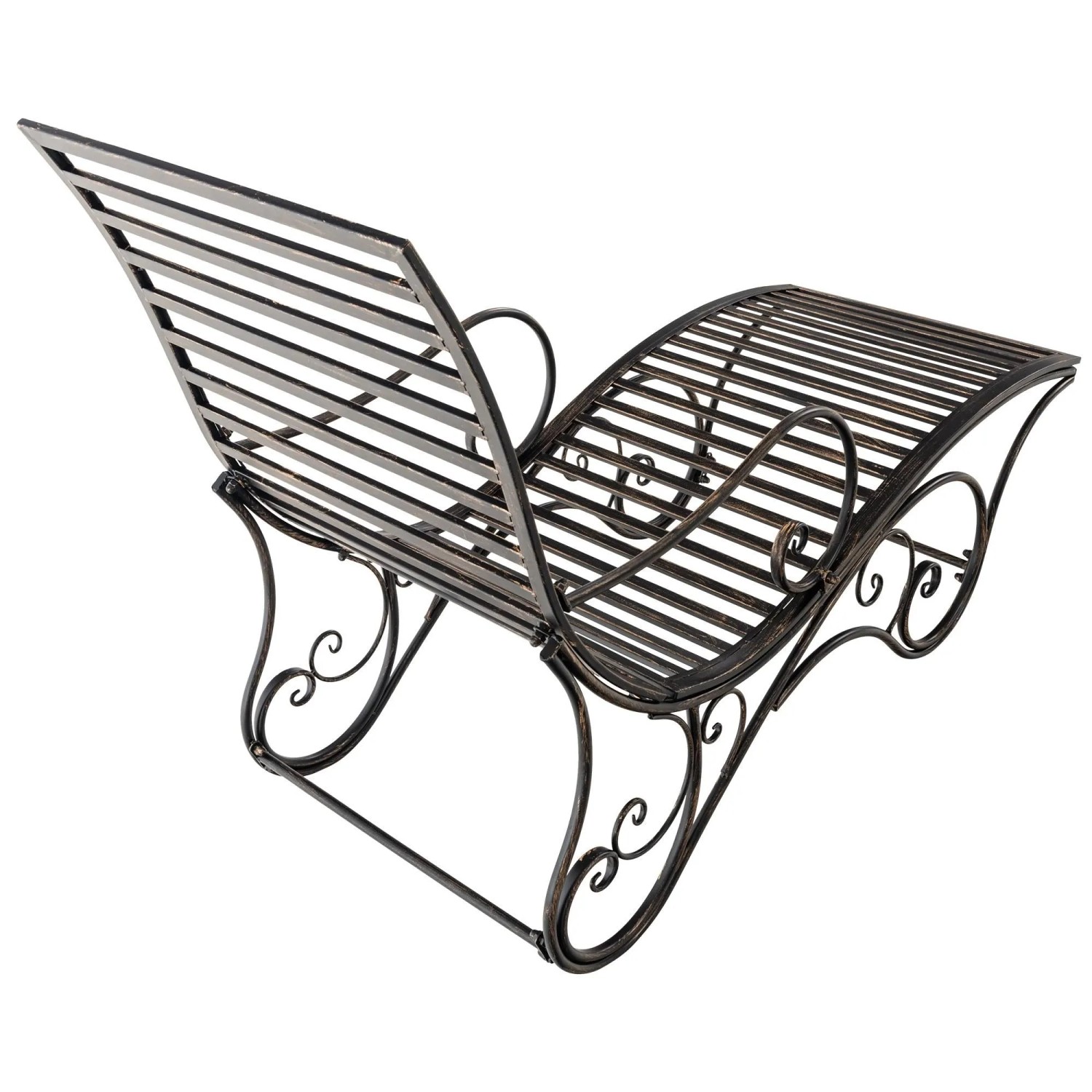 Elegante CLP Gartenliege Amiens in Bronze aus Metall mit geschwungenem Lattenrost und antikem Dekor.