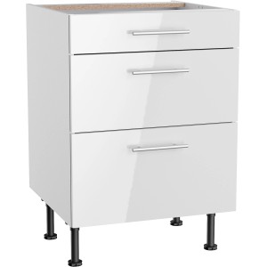 Optifit Unterschrank Rurik986, 60 cm breit, mit 3 Auszügen in Weiß. Küchenunterschrank mit Edelstahlgriffen.